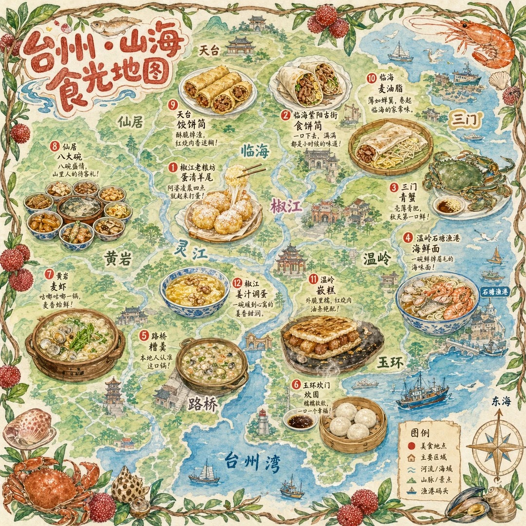 一張手繪風格的城市美食地圖，以台州為主題