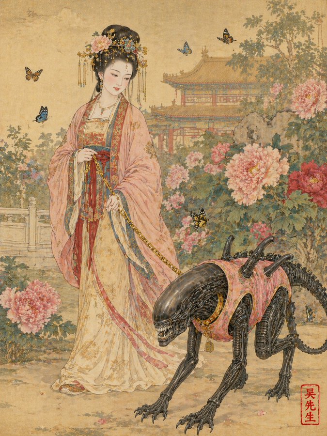 唐朝貴婦遛粉色馬甲異形工筆畫