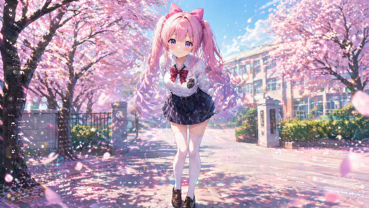 櫻花樹下害羞雙馬尾少女