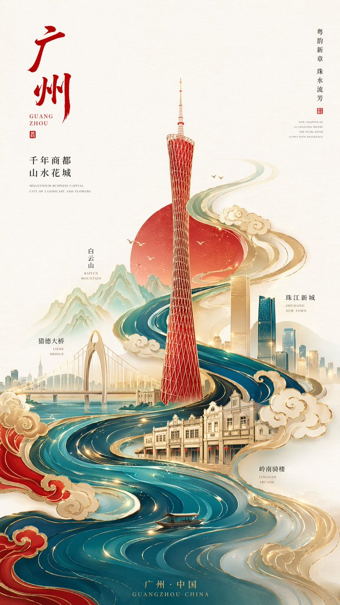 極簡國潮鎏金廣州塔海報