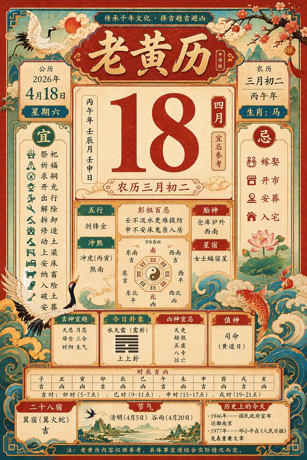 復古傳統老黃曆二零二六年四月十八
