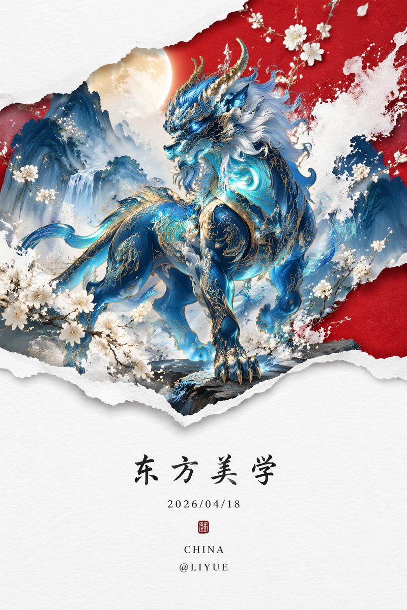 熒光藍窮奇新中式山水畫
