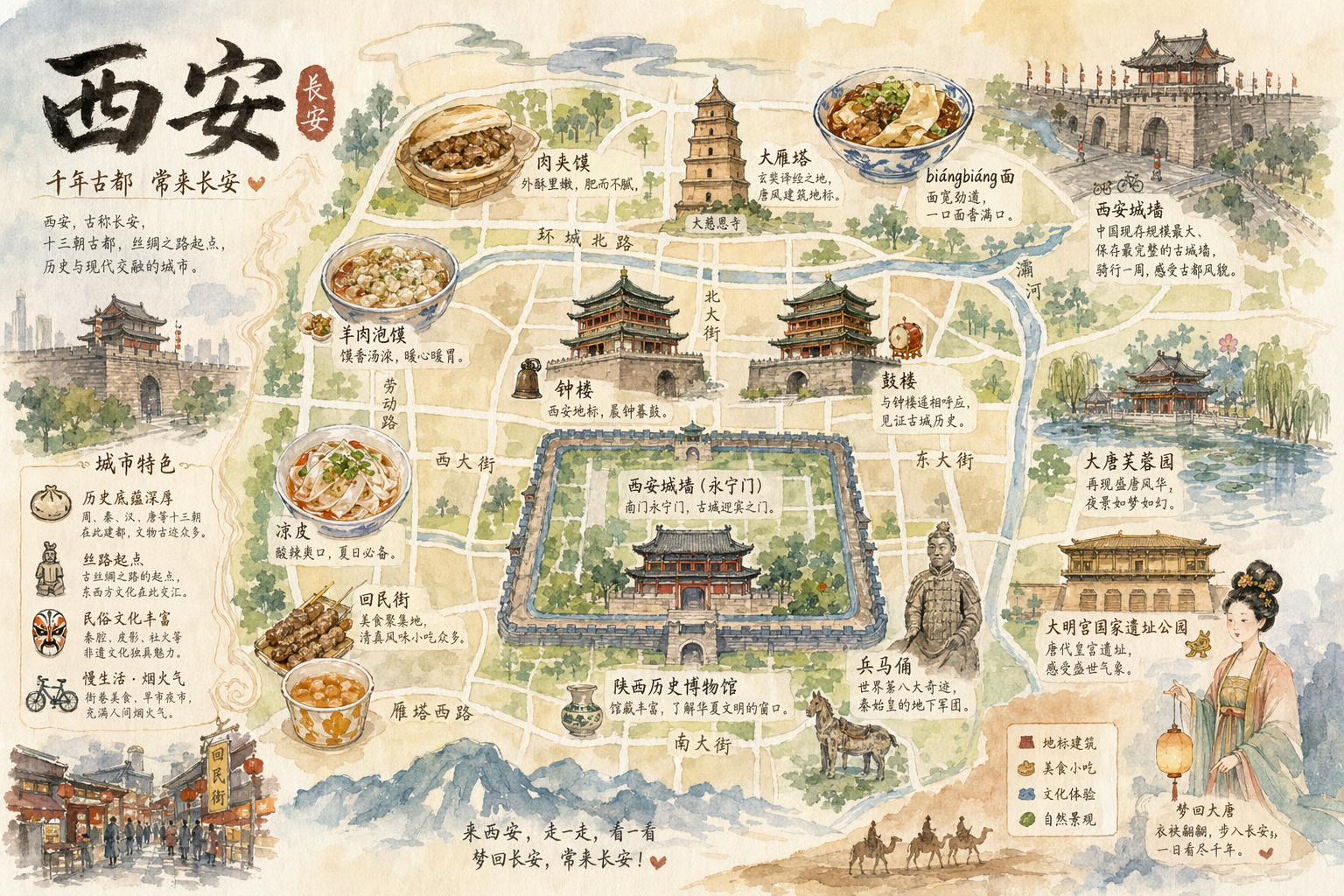 西安手繪水彩城市地圖