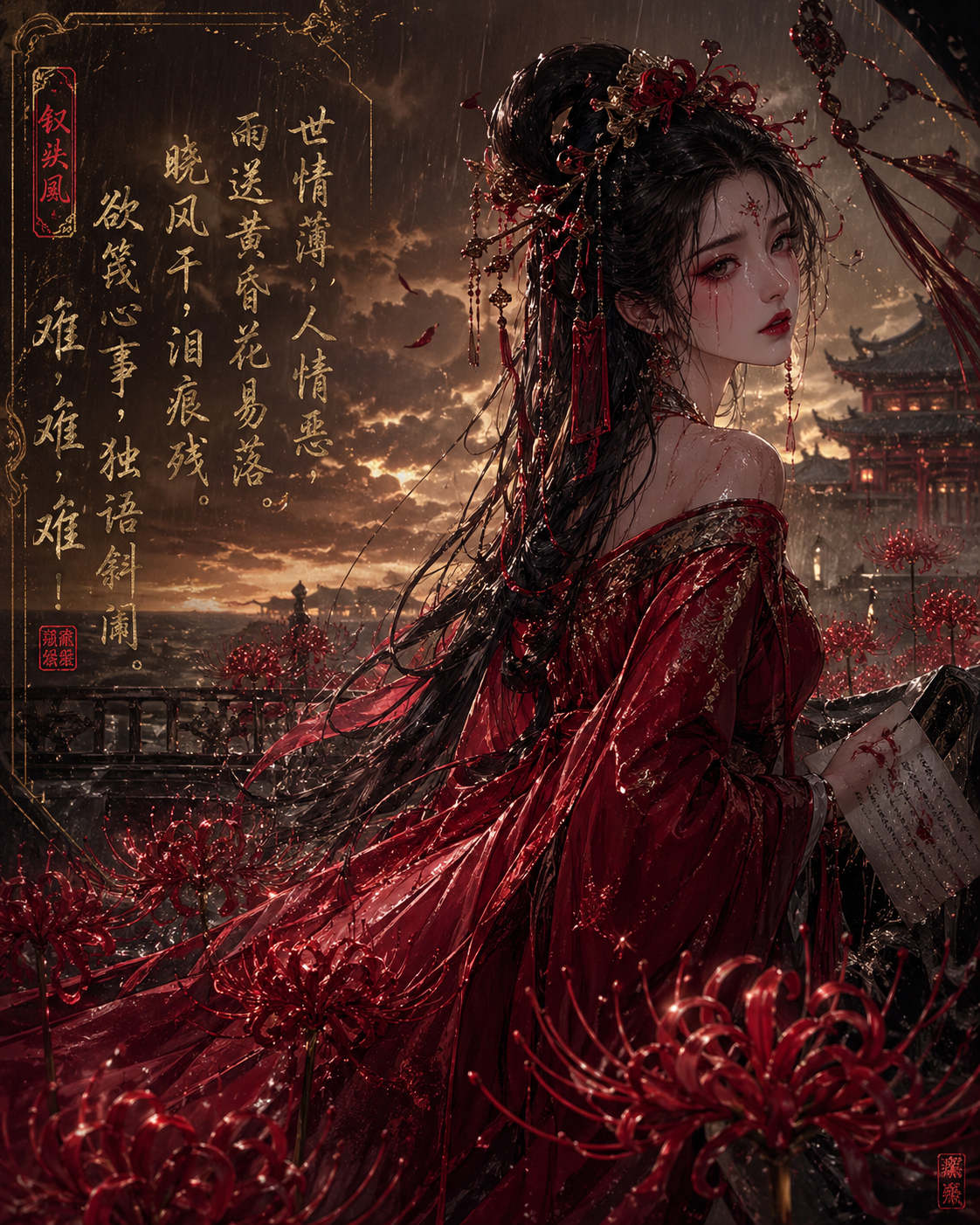 彼岸花叢中的紅妝女子