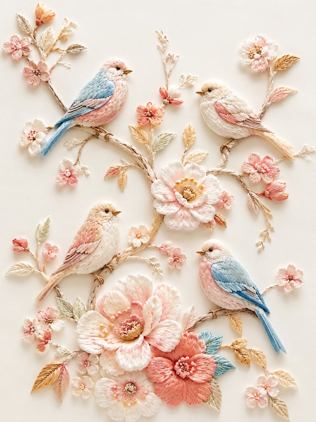 立體刺繡小鳥花枝
