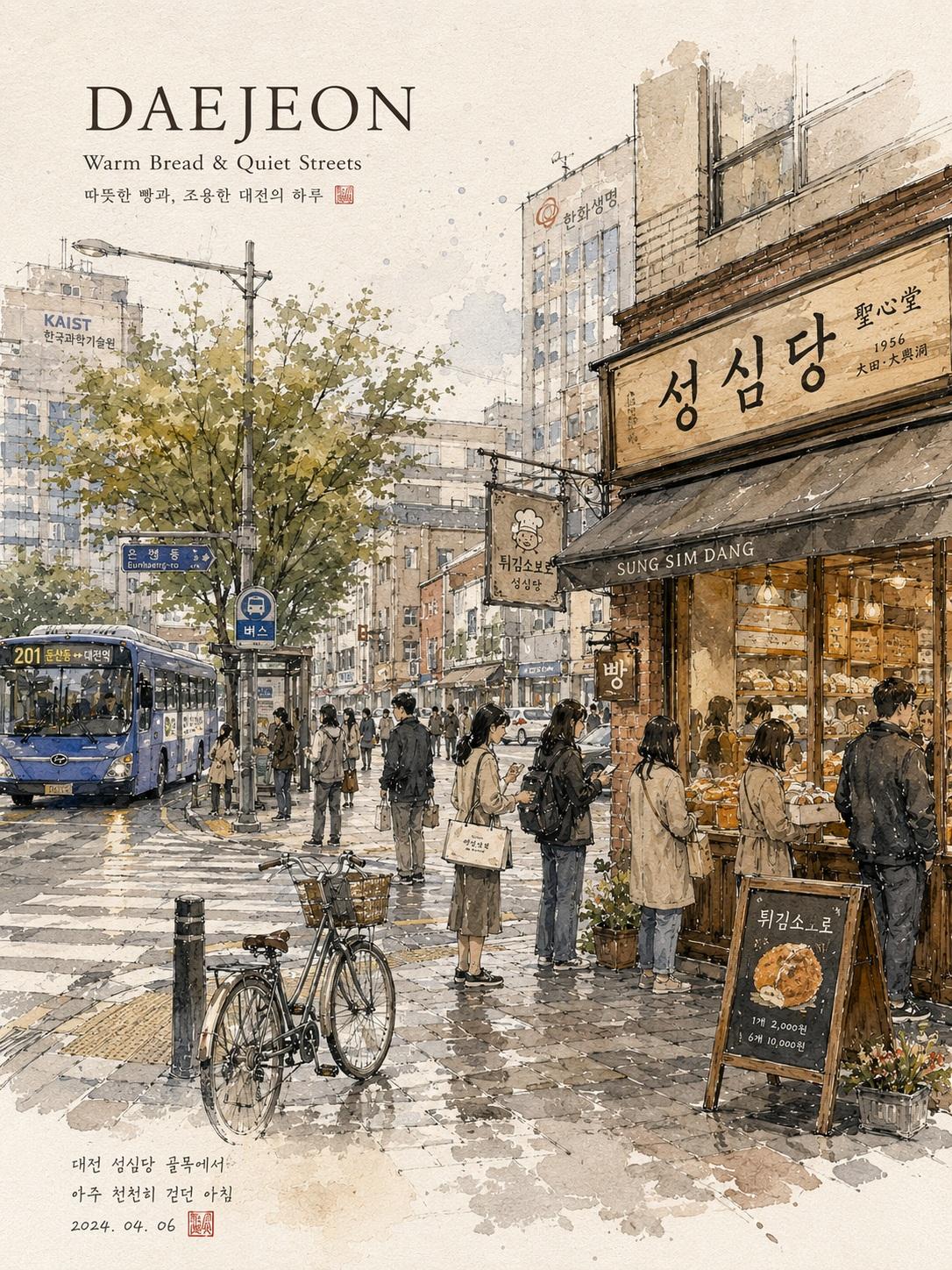 韓國城市水彩旅行插畫