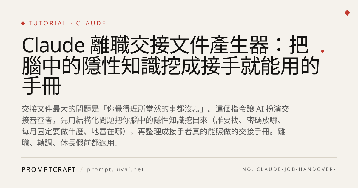 Claude 離職交接文件產生器：把腦中的隱性知識挖成接手就能用的手冊