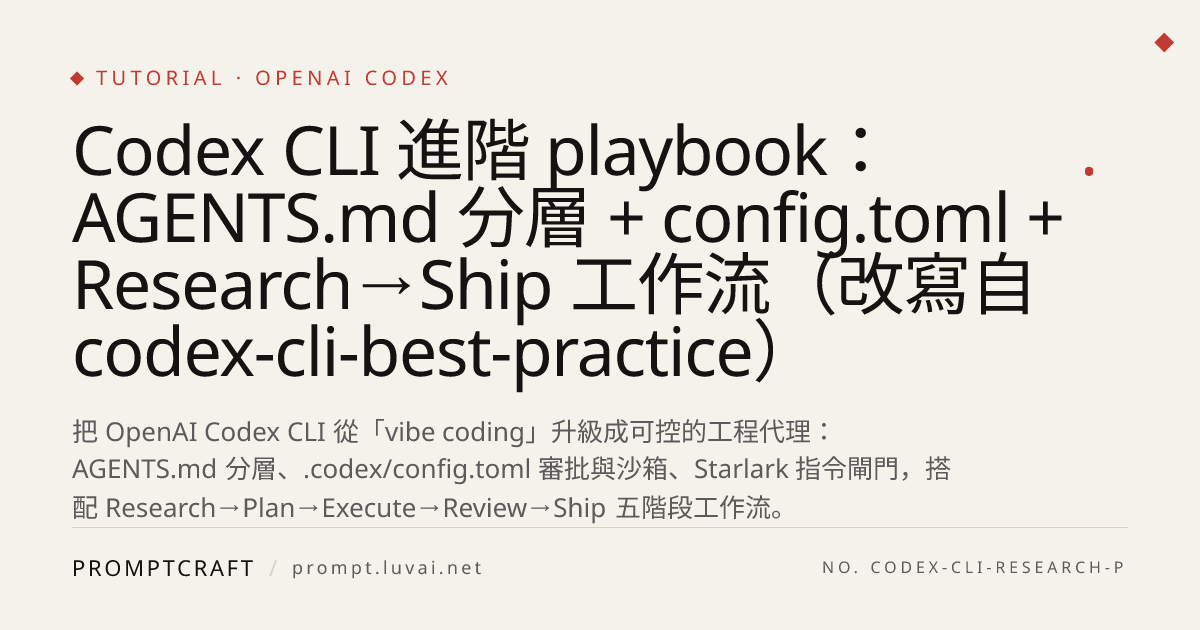 Codex CLI 進階 playbook：AGENTS.md 分層 + config.toml + Research→Ship 工作流（改寫自 codex-cli-best-practice）