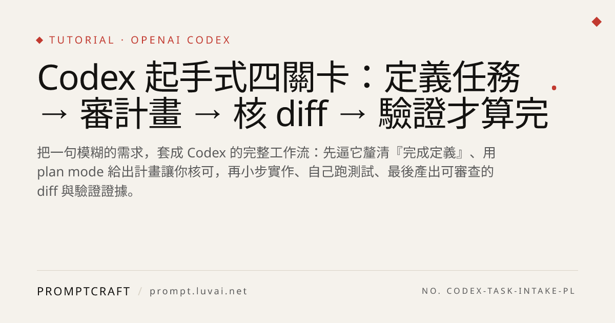Codex 起手式四關卡：定義任務 → 審計畫 → 核 diff → 驗證才算完