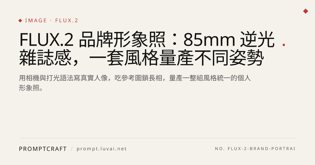 FLUX.2 品牌形象照：85mm 逆光雜誌感，一套風格量產不同姿勢