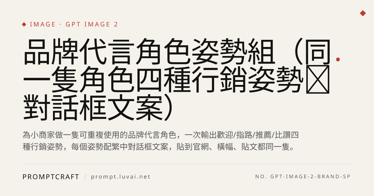 品牌代言角色姿勢組（同一隻角色四種行銷姿勢＋對話框文案）