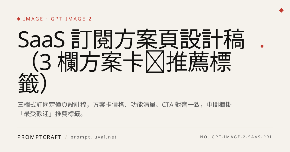 SaaS 訂閱方案頁設計稿（3 欄方案卡＋推薦標籤）