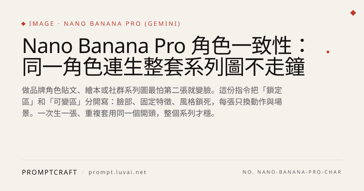 Nano Banana Pro 角色一致性：同一角色連生整套系列圖不走鐘