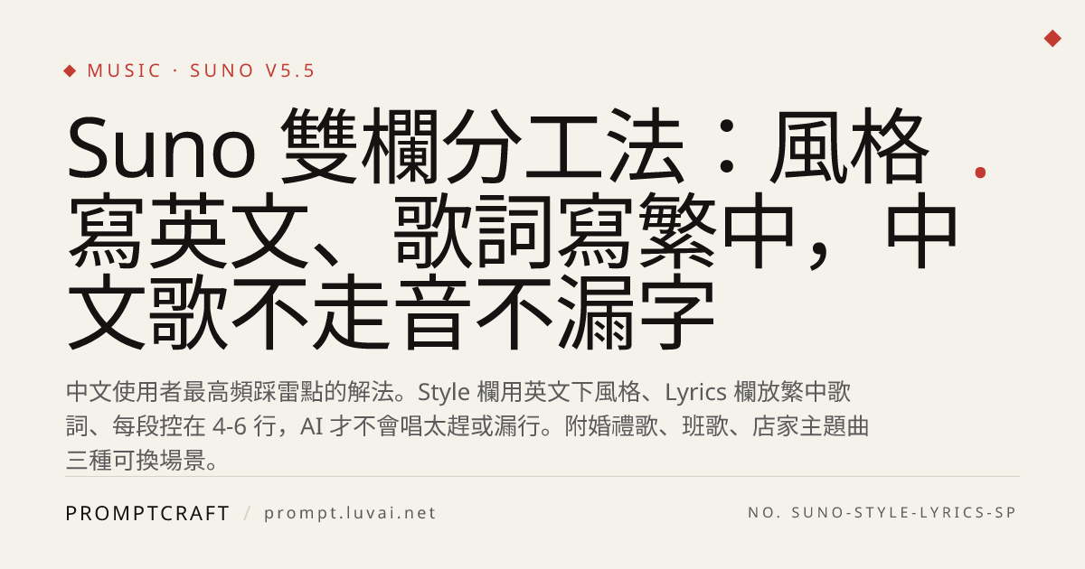 Suno 雙欄分工法：風格寫英文、歌詞寫繁中，中文歌不走音不漏字