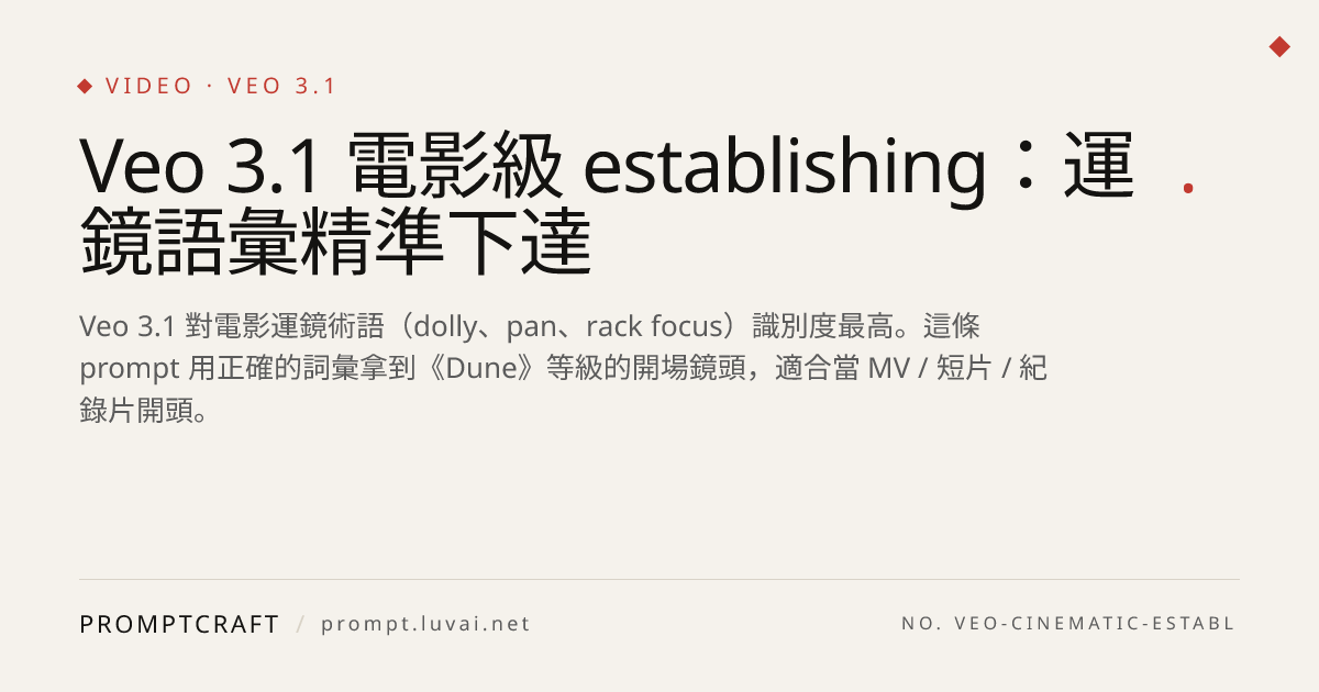 Veo 3.1 電影級 establishing：運鏡語彙精準下達